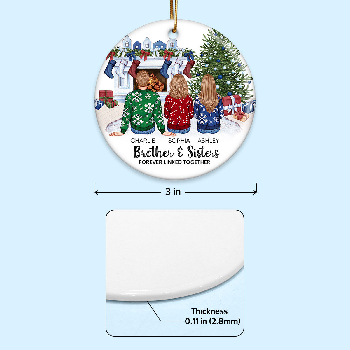 Personalized Siblings Christmas Tree Cozy Fireplace Ornament, Personalized Brothers and Sisters Ornament, Siblings Gift