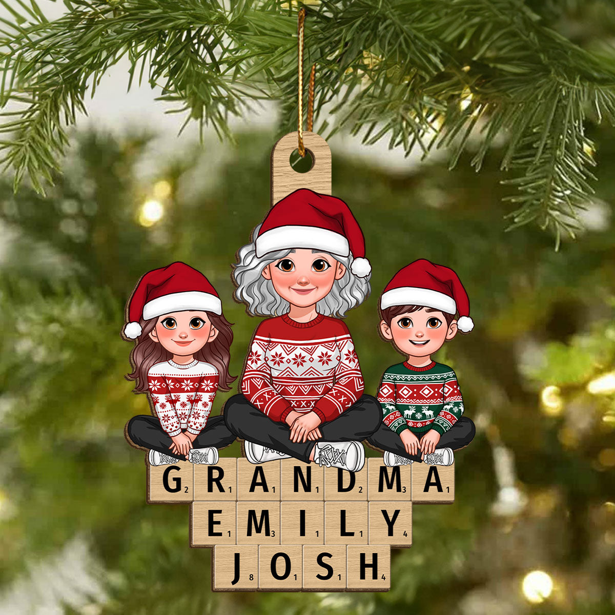 Animated Grandma Grandkids Sitting On Wooden Blocks Personalized Wooden Ornament