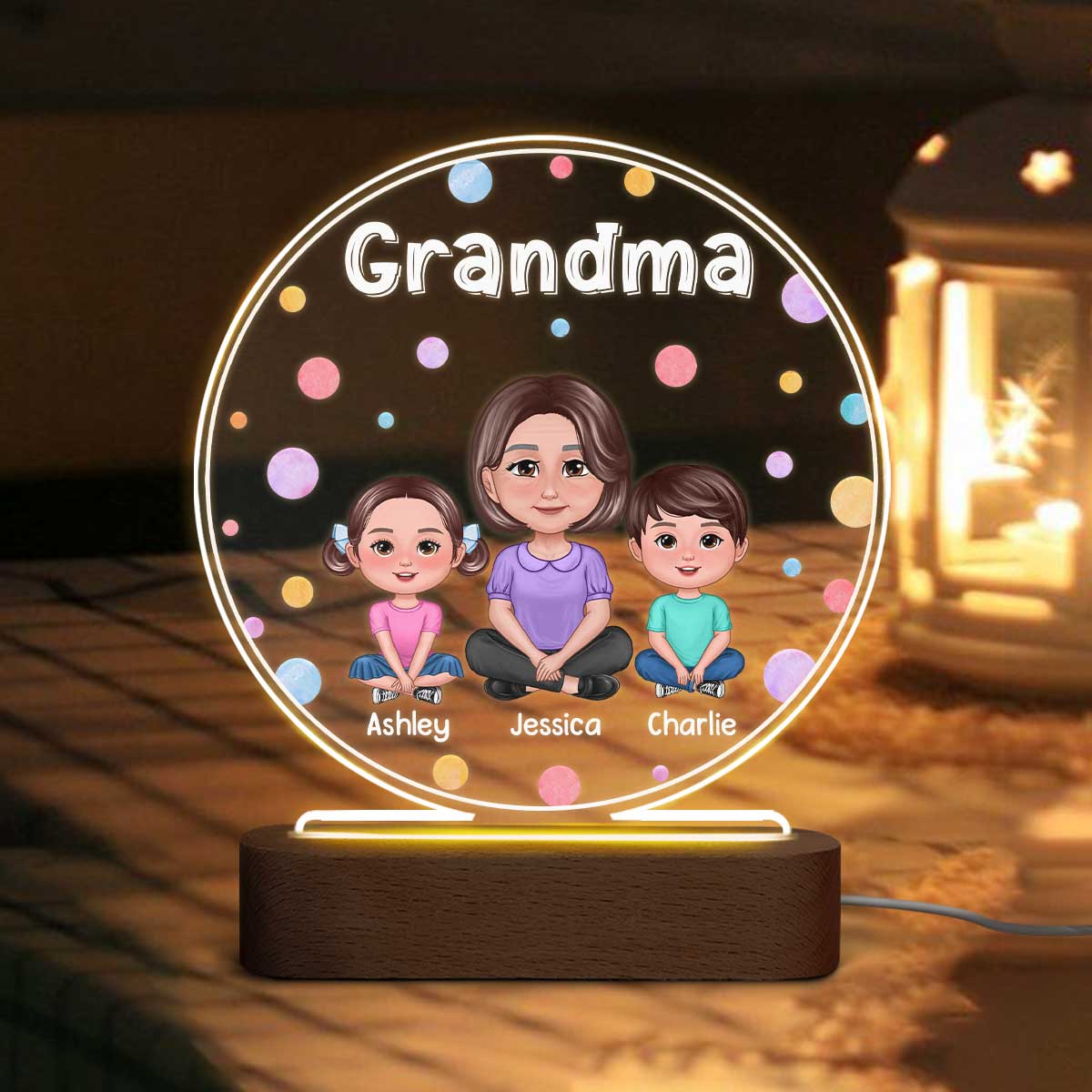 Pretty Doll Grandma Grandkids Colorful Dots Personalized Circle Acrylic LED Night Light