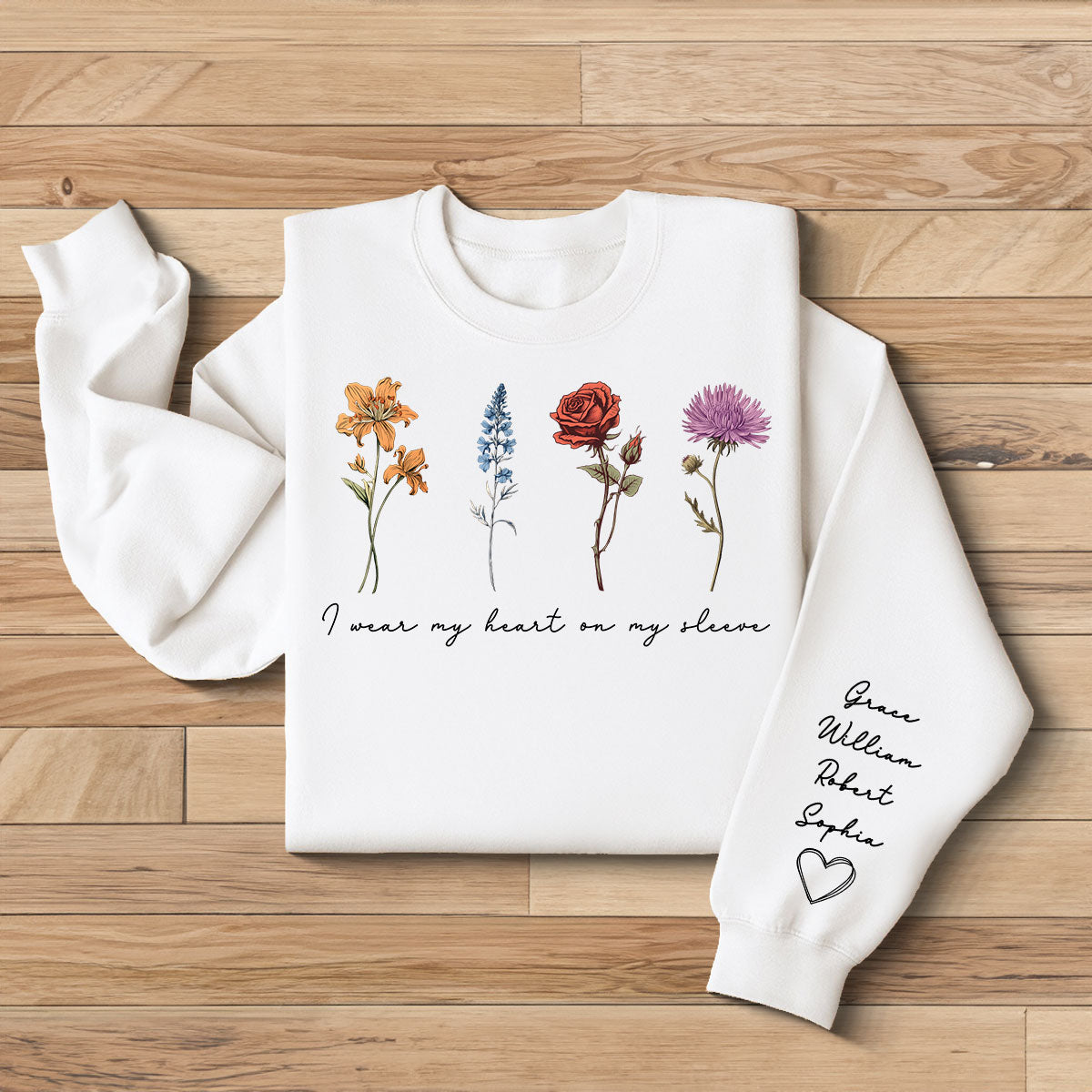 Vintage Birth Month Flowers Personalized Sleeve Printed Sweatshirt, Gift For Mom Granma Aunt