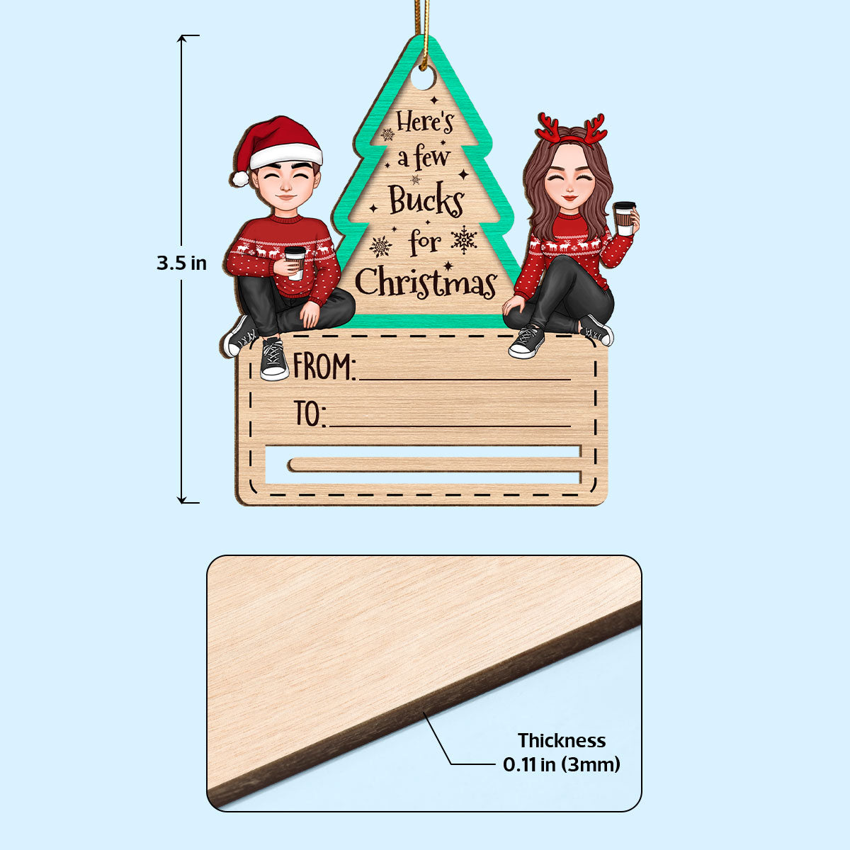 Happy Couple Sitting Christmas Money Holder Personalized Wooden Ornament