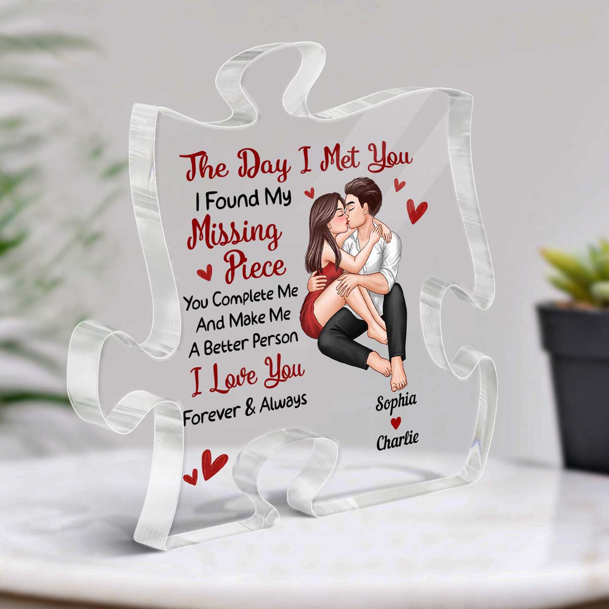 Couple Kissing The Day I Met You Personalized Puzzle Acrylic Plaque