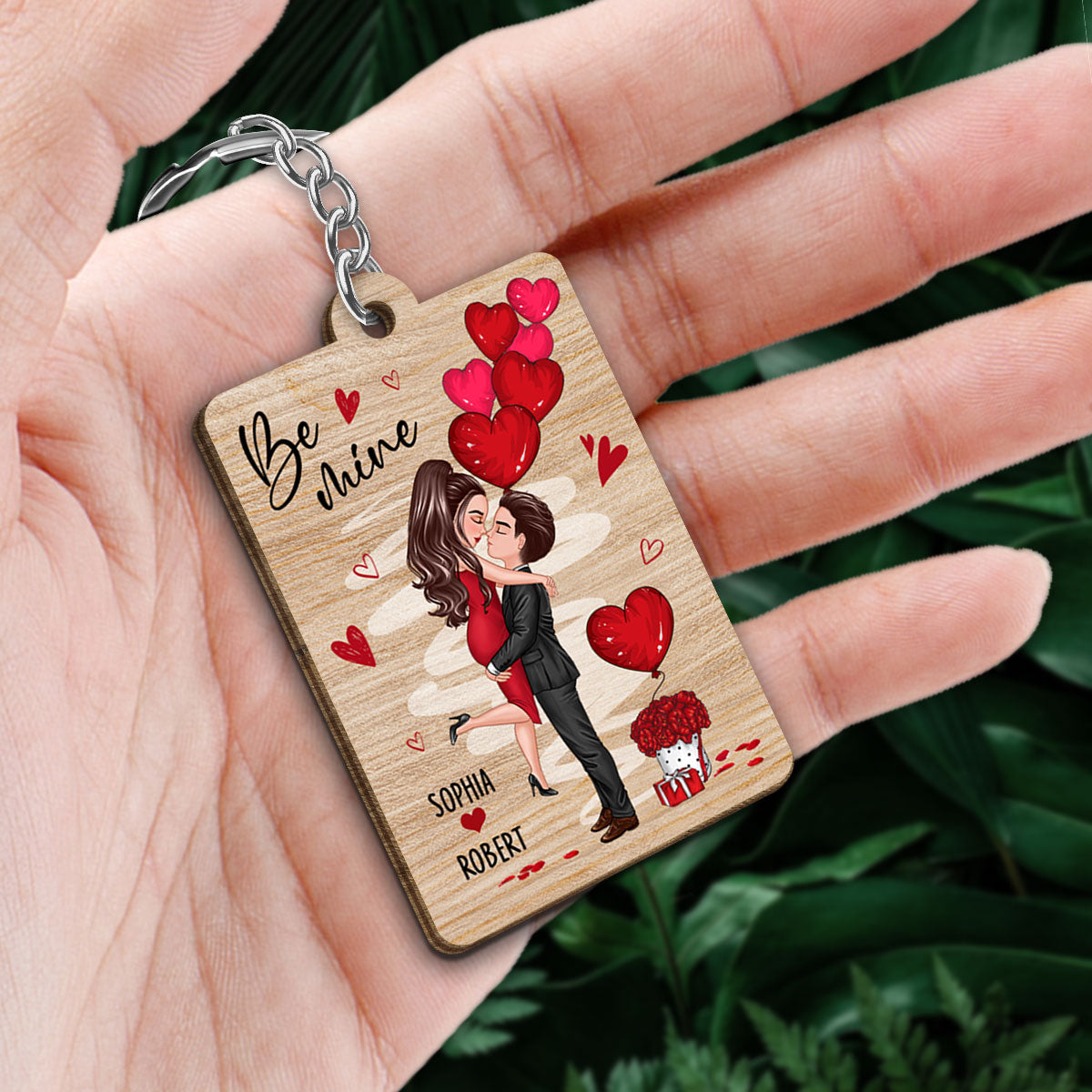 Be Mine Doll Couple Hugging Kissing Favorite Song QR Code Personalized Wooden Keychain