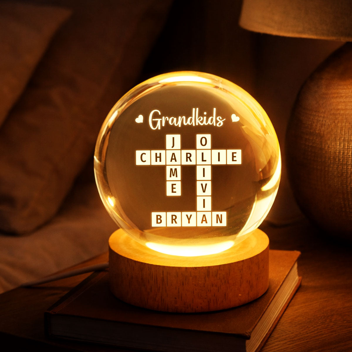 Grandkids Crossword Puzzle Art - Personalized Crystal Ball LED Night Light - Heartfelt Gift For Grandma, Gift For Mom