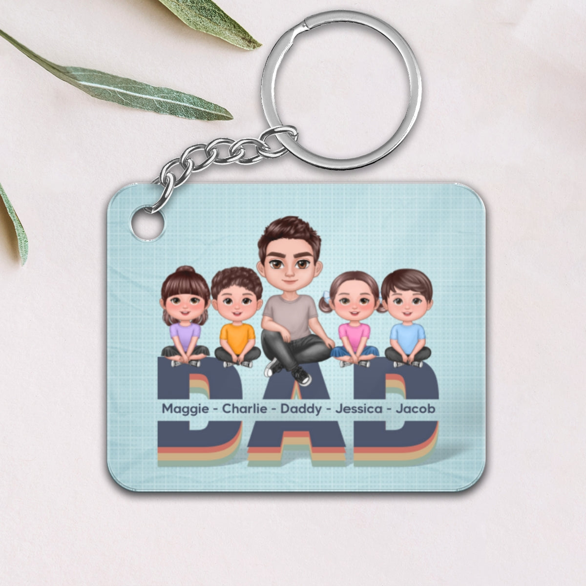 Doll Dad And Kids Sitting On Retro Text Personalized Acrylic Keychain