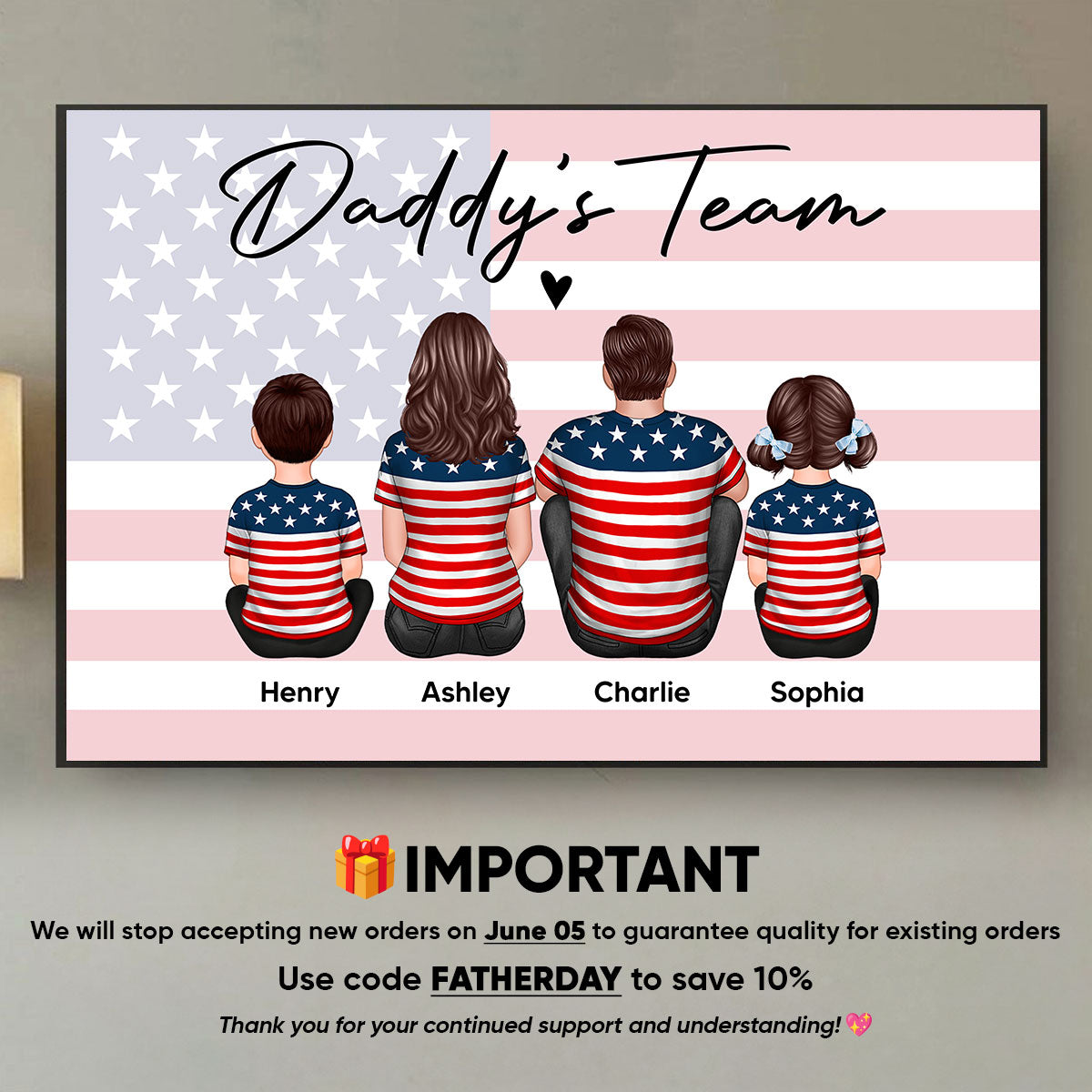 Proud American Daddy's Team Family Sitting Personalized Poster, Meaningful Father's Day Gift for Dad, Gift for Husband