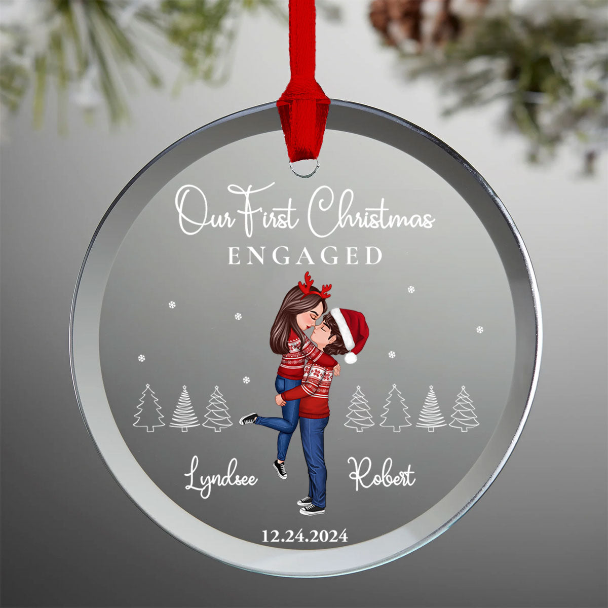 Our First Christmas Engaged Married, Newly Engaged Married Couple Personalized Glass Ornament