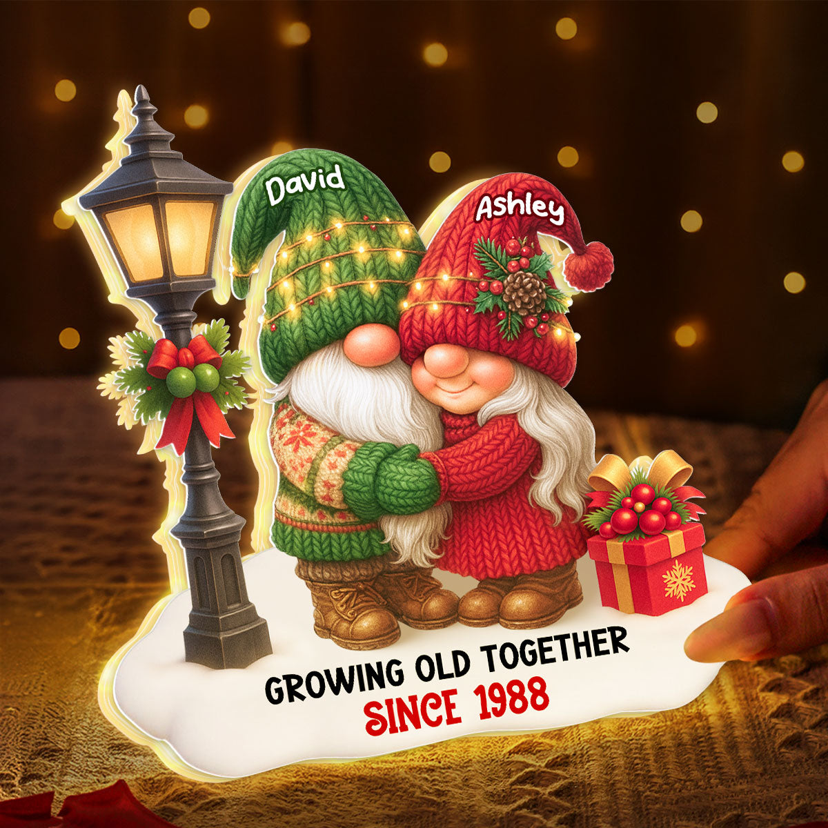 Gnome Christmas Couple Growing Old Together Personalized Light Box, Gift for him, for her