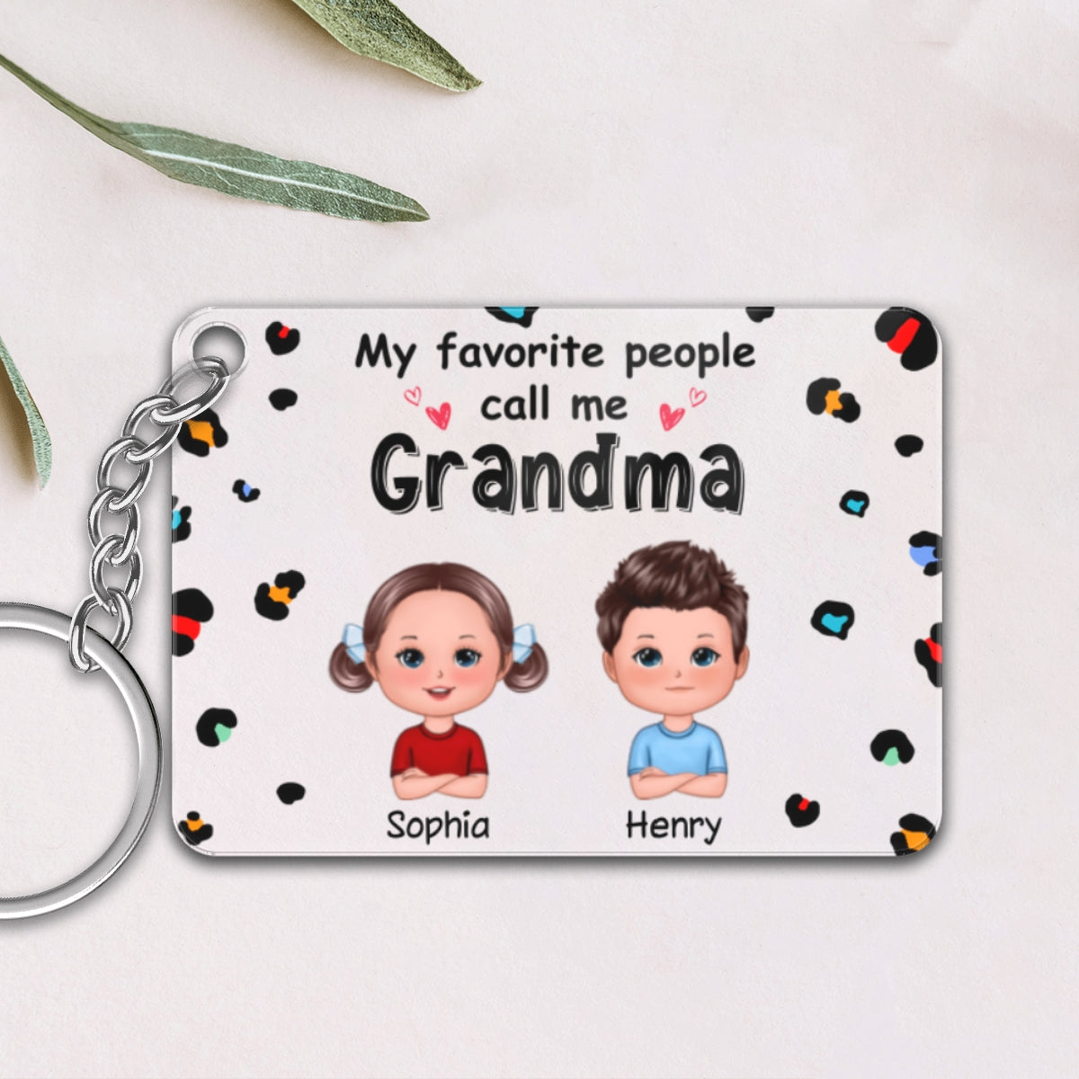 My Favorite People Call Me Grandma Cute Doll Kids Colorful Leopard Pattern Personalized Acrylic Keychain