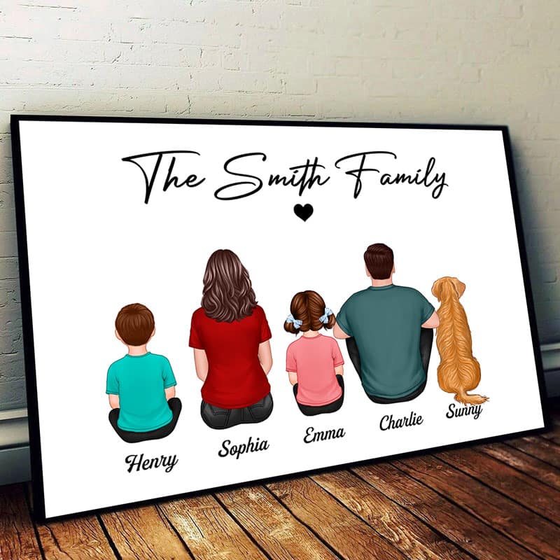 Family Name Couple Kid Dog Cat Back View Simple Personalized Horizontal Poster
