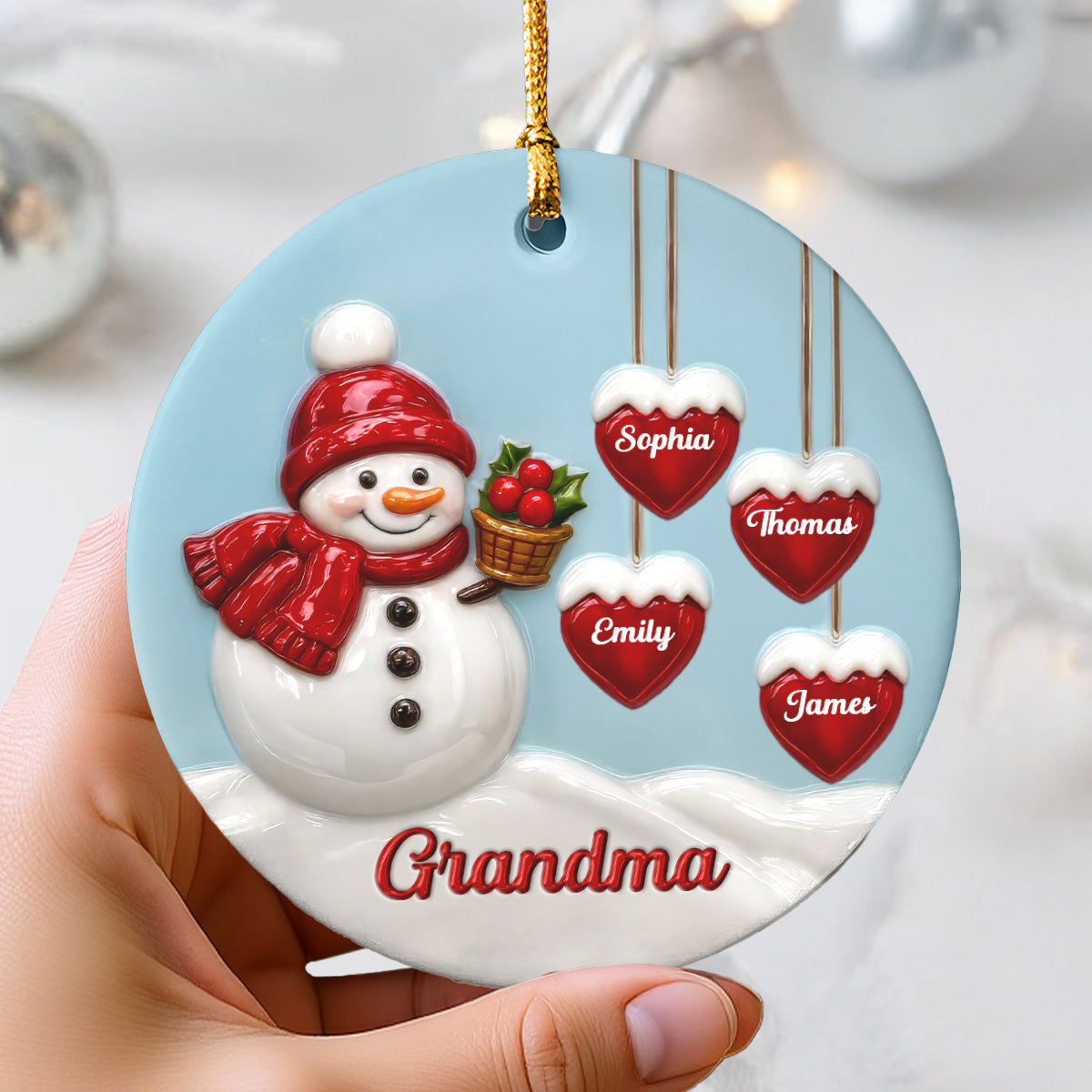 3D Effect Grandma Snowman - Personalized Ceramic Ornament - Christmas Decor For Grandma