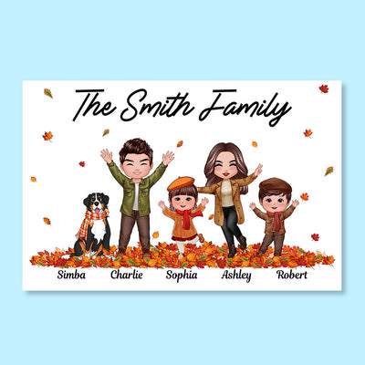 Fall Season Happy Whole Doll Family Dad Mom Kids Dogs Cats Playing With Autumn Leaves Pile Personalized Horizontal Poster