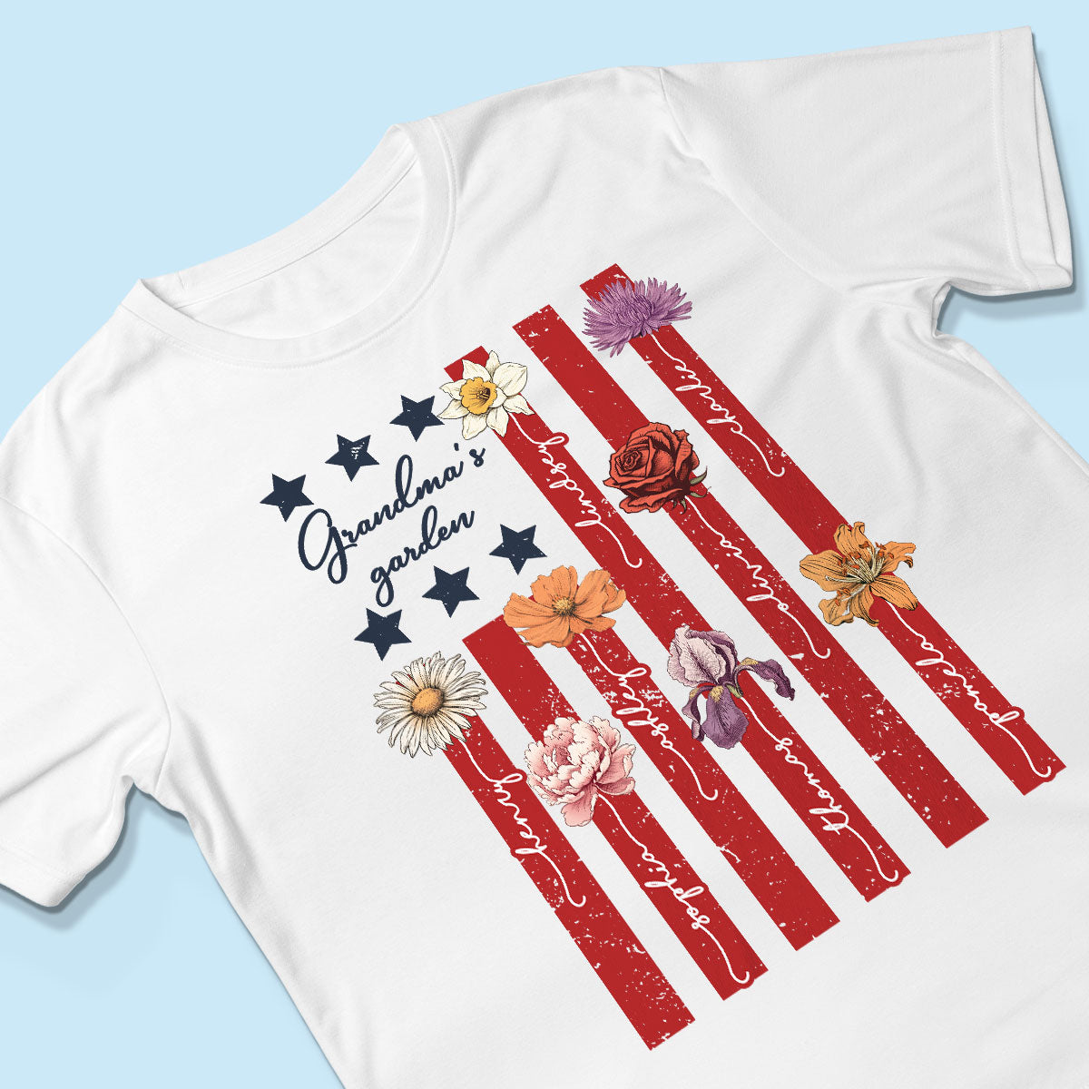 Grandma's Garden 4th Of July American Flag Personalized Shirt, Birth Month Flower, Gift For Grandma
