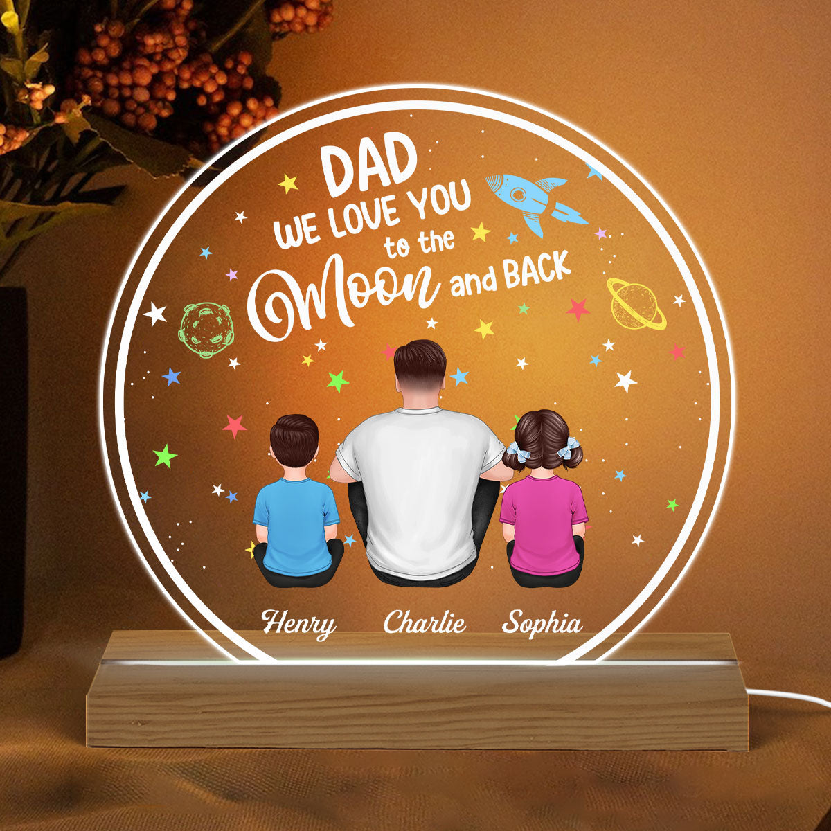 Dad I Love You To The Moon And Back Back View Man Sitting With Kids Dogs Cats Personalized Custom Shape Acrylic Plaque Warm LED Night Light
