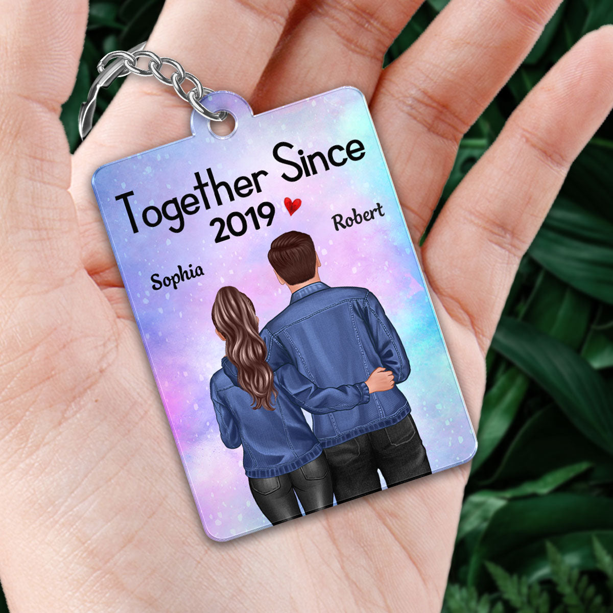 Denim Back View Couple Standing Hugging Favorite Song Scannable QR Code Personalized Acrylic Keychain