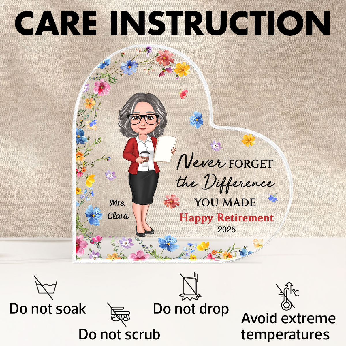 Never Forget The Difference You've Made, Personalized Heart Acrylic Plaque for Teacher, Retirement Gift for Teacher, Teacher Appreciation