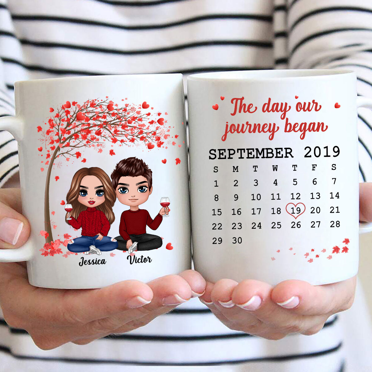 Doll Couple Sitting Under Red Tree Calendar Anniversary Date Gift For Him For Her Personalized Mug