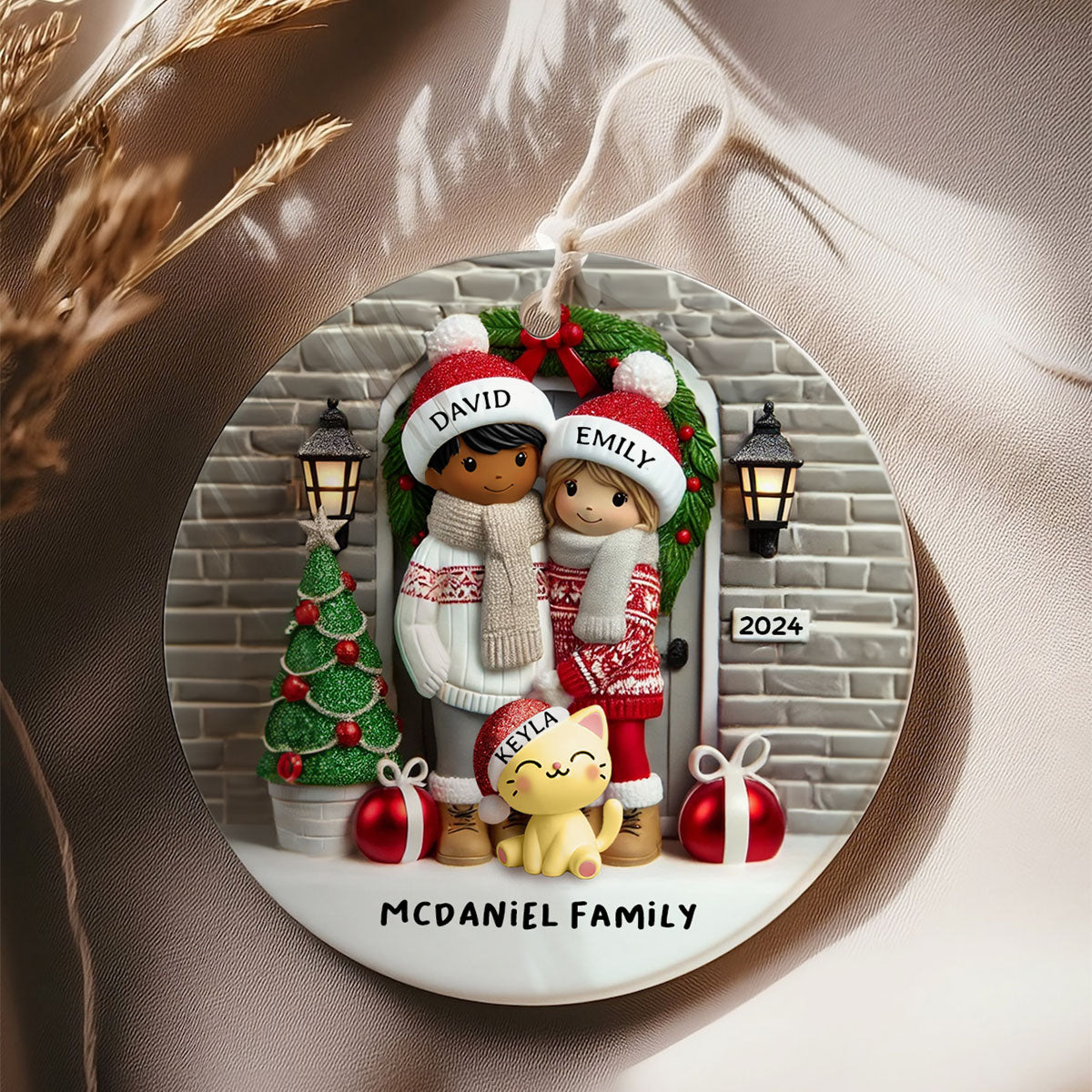 Farmhouse Couple Personalized Christmas Ceramic Ornament with Optional Pet Dog Cat, Christmas Gift for Him, Gift for Her