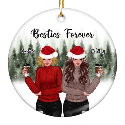 Snowy Pine Tree Forest Front View Christmas Besties Personalized Circle Ornament