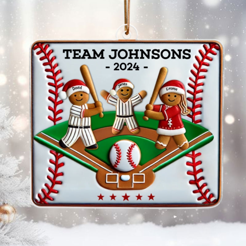 3D Effect Baseball Gingerbread Family Playing On Field Sport Lover Personalized Acrylic Ornament