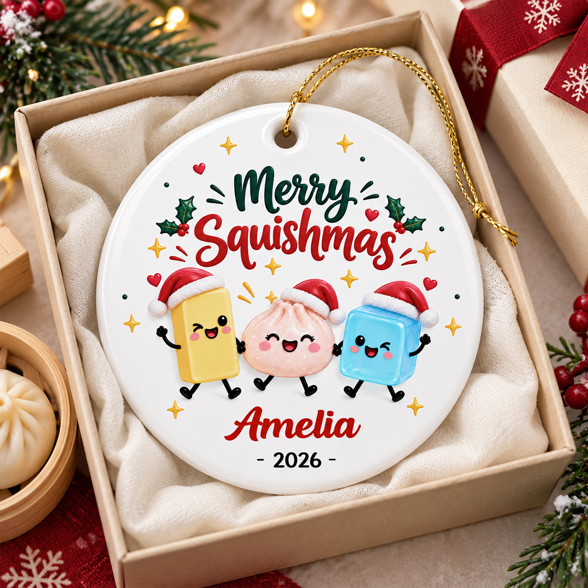 Merry Squishmas 2026 Custom Name - Personalized Ceramic Ornament - Christmas Keepsake For Squishy Hunting Lover, Viral Squishy Dumpling Trend