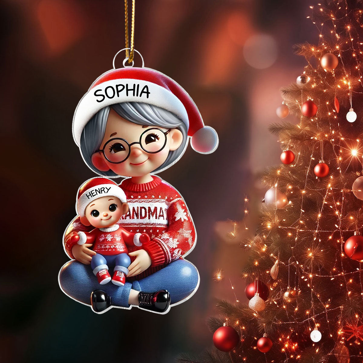 3D Effect Grandma Grandkids Sitting Crossed Legs Personalized Acrylic Ornament, Christmas Gift for Grandma, Granddaughter Grandson