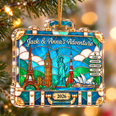 Custom Travel Adventure Suitcase Colorful Faceted Illustration 2D Flat Printed - Personalized Acrylic Ornament - Traveling Destination Keepsake, Christmas Gift For Traveling Lovers