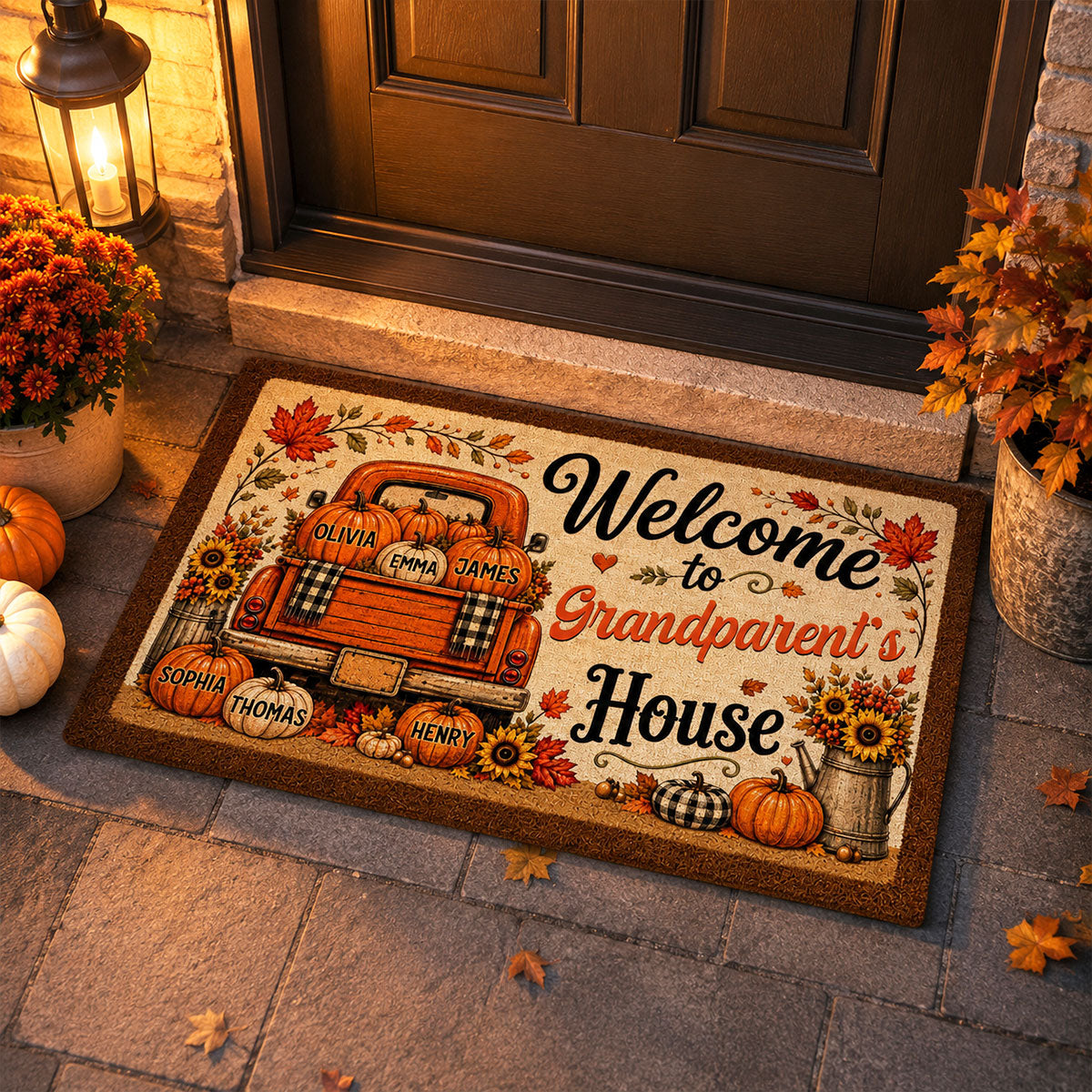 Floral Pumpkin Patch Truck Grandparent - Personalized Doormat - Fall Season Decor Gift, Gift For Grandma Grandpa