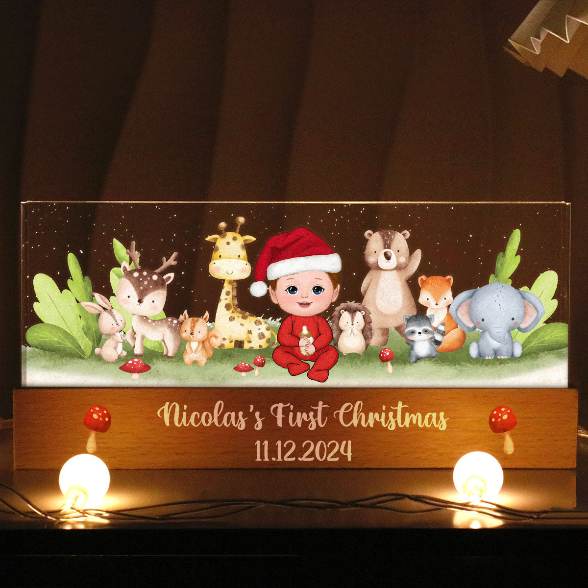 Woodland Animals Baby Christmas Personalized Acrylic Block LED Night Light