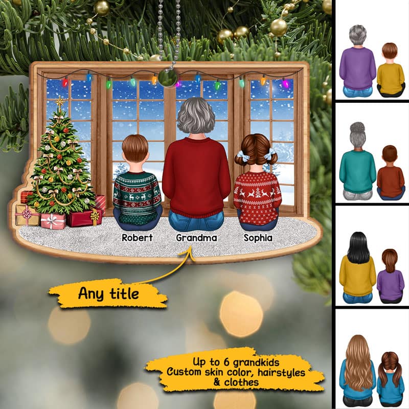 Grandma Grandkids Sitting By Window Christmas Personalized Wooden Ornament