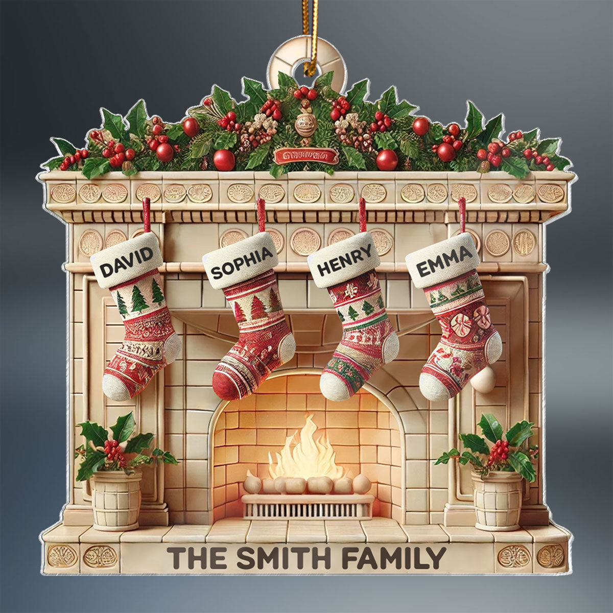 Christmas Retro Fireplace Family Christmas Stockings On Mantel 3D Effect Personalized Acrylic Ornament