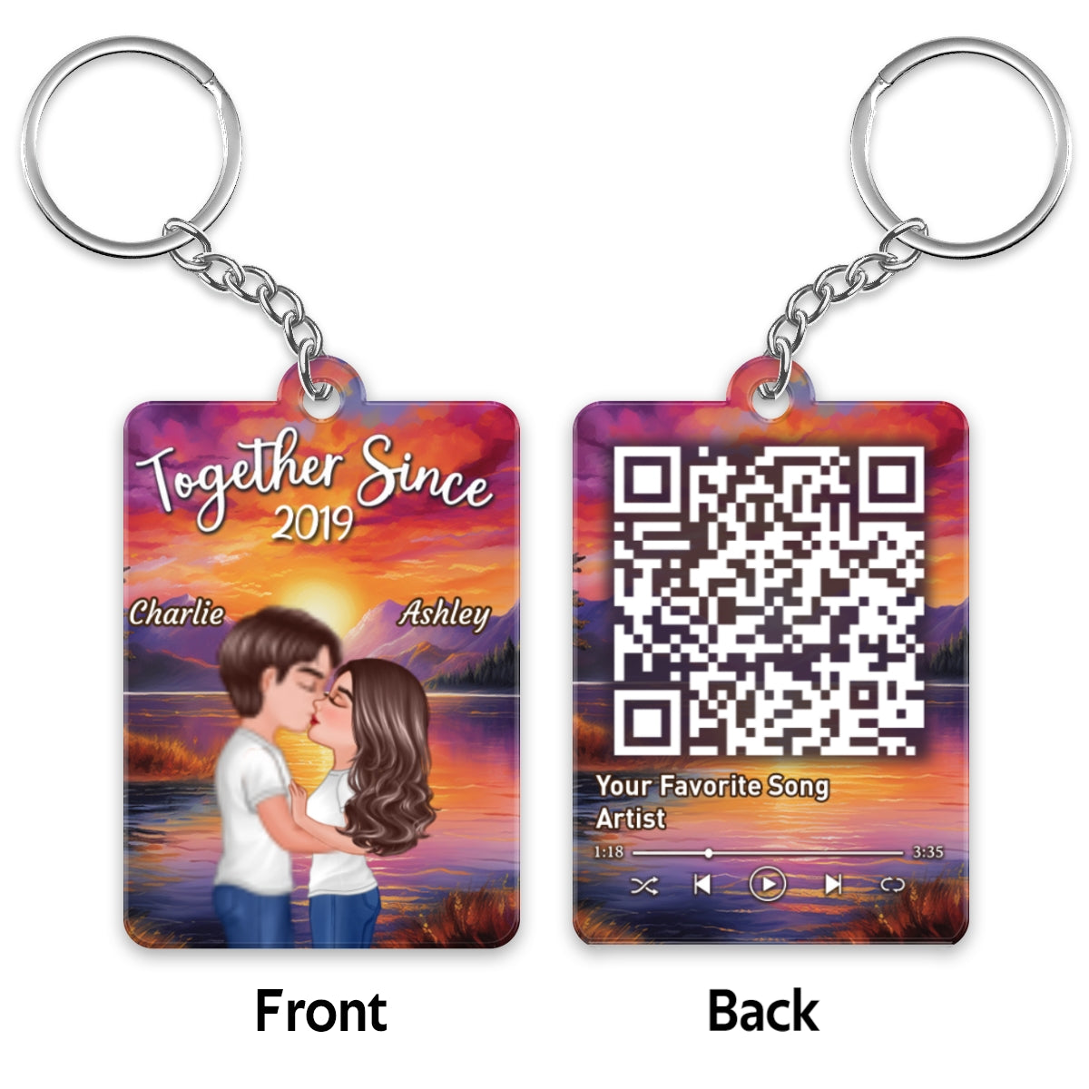 Sunset Lake Beach Couple Kissing Favorite Song QR Code Personalized Acrylic Keychain
