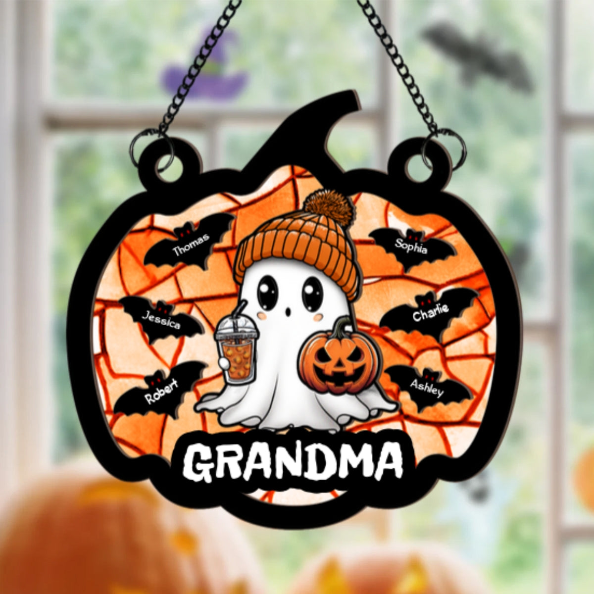 Fall Season Halloween Grandma Boo Personalized Suncatcher, Halloween Decoration