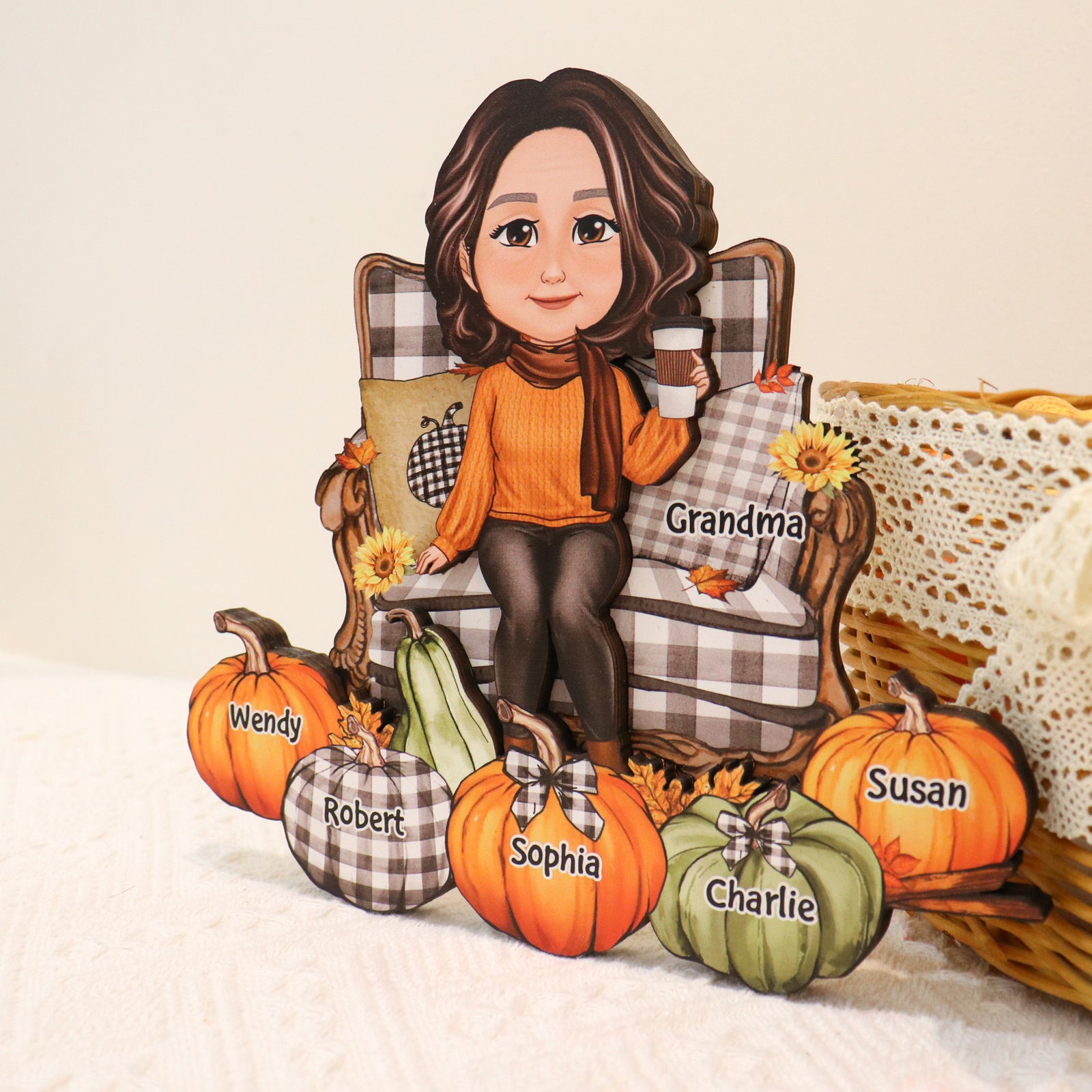 Grandma Sitting On Chair Pumpkins - Personalized 2-Layered Wooden Plaque