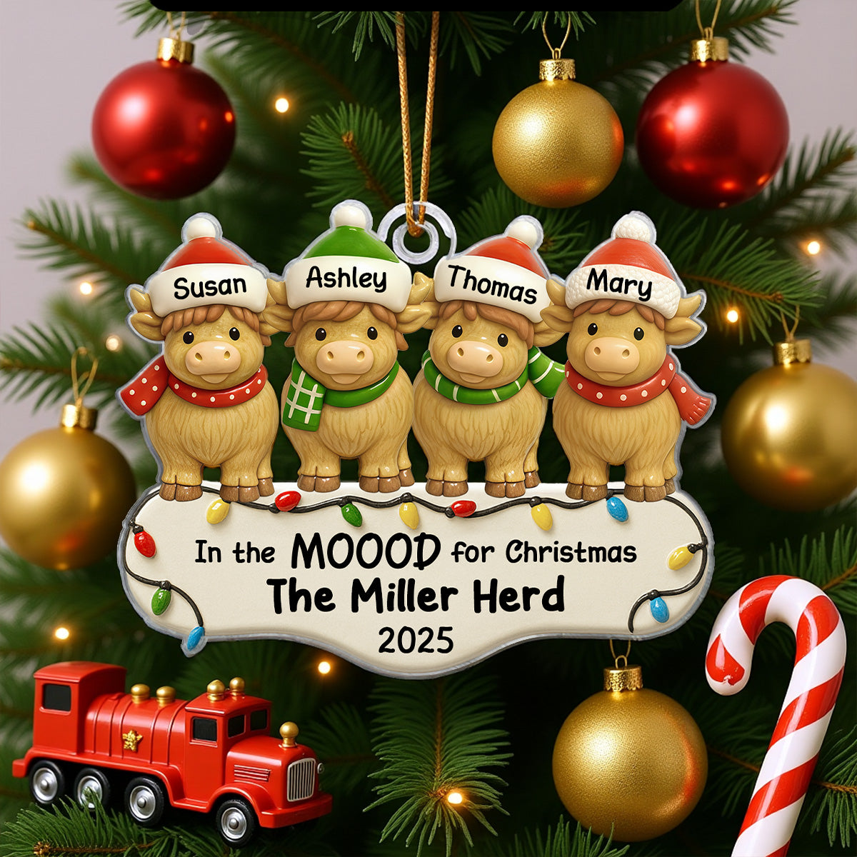 3D Effect Highland Cows Family Herd In The Moood For Christmas Personalized Acrylic Ornament, Christmas Decor