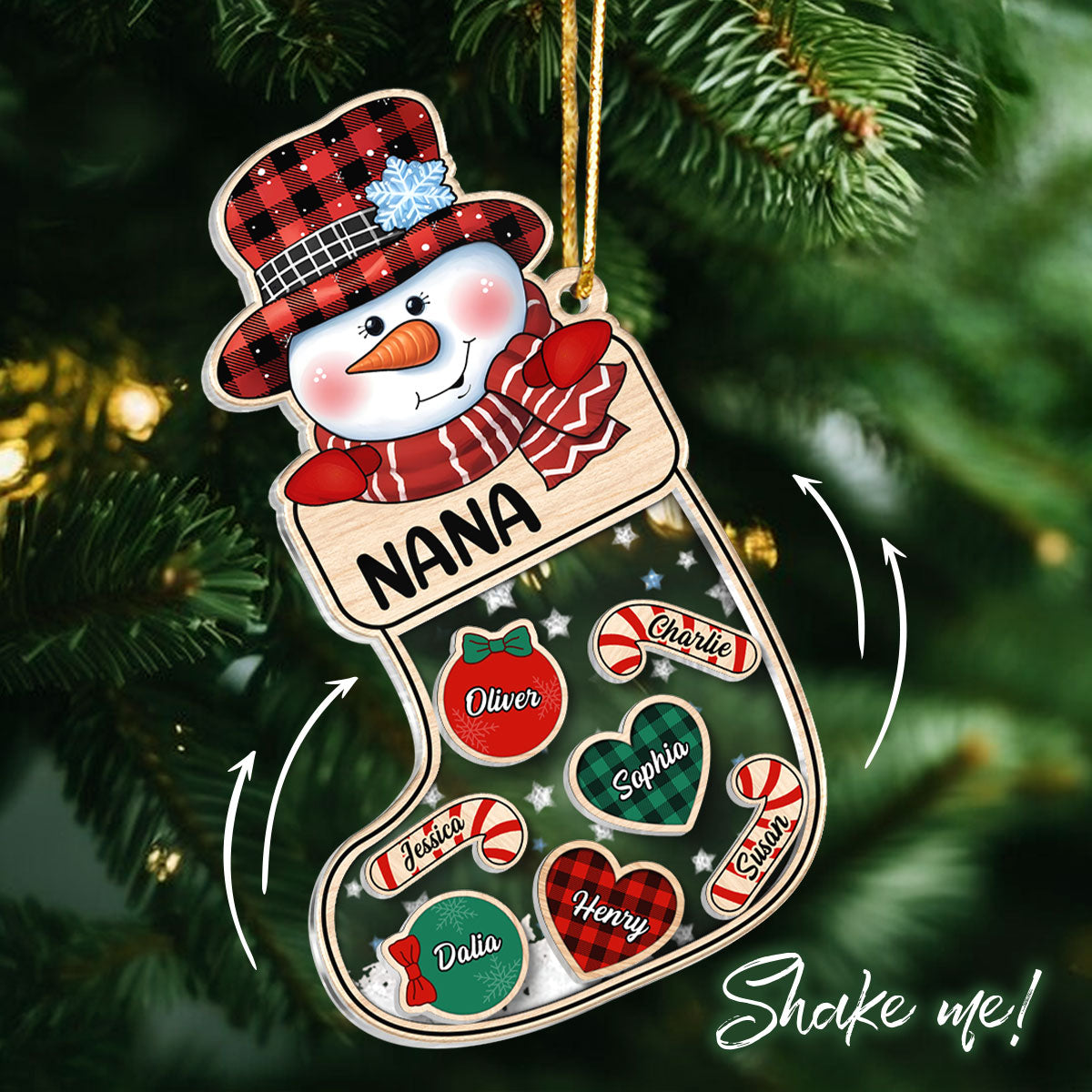 Grandma Snowman Kids In Christmas Socks Personalized Shaker Ornament