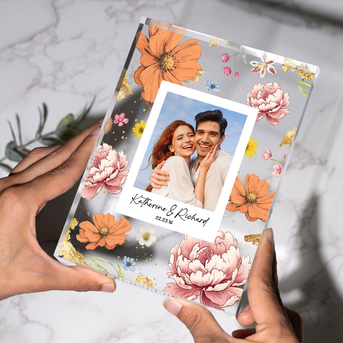 Couple Upload Photo Birth Month Flowers Personalized Acrylic Block Plaque, Anniversary Gift,  Gift