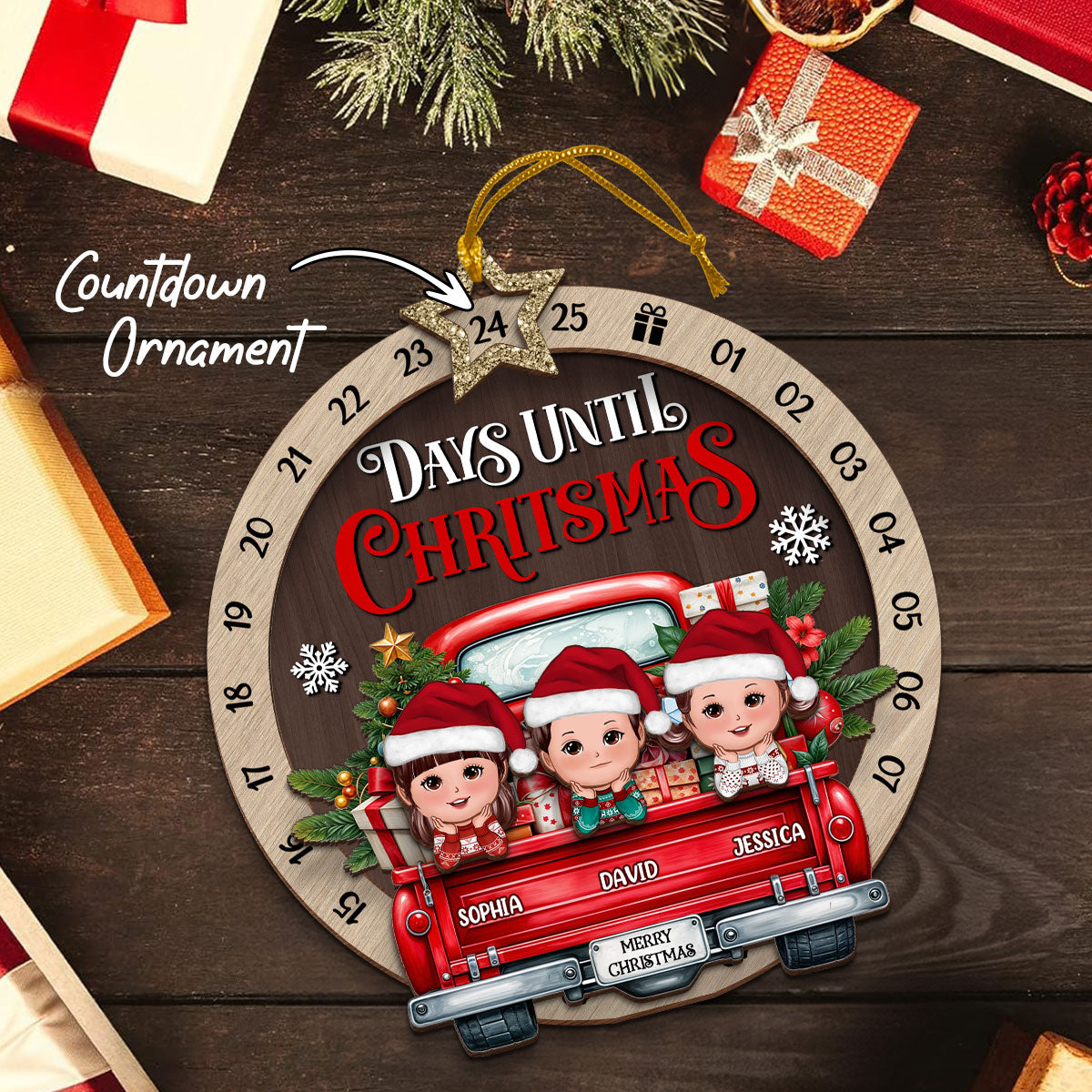 Kids On Christmas Truck Personalized Countdown Ornament