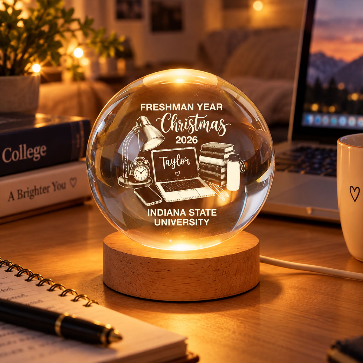 Freshman Year Christmas Study Desk – Personalized Crytal Ball Night Light – College Student Christmas Gift, First Year Keepsake
