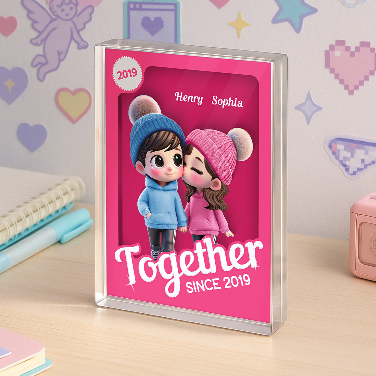 Couple Partners In Crime Pink Toy Box 3D Effect Personalized Acrylic Block