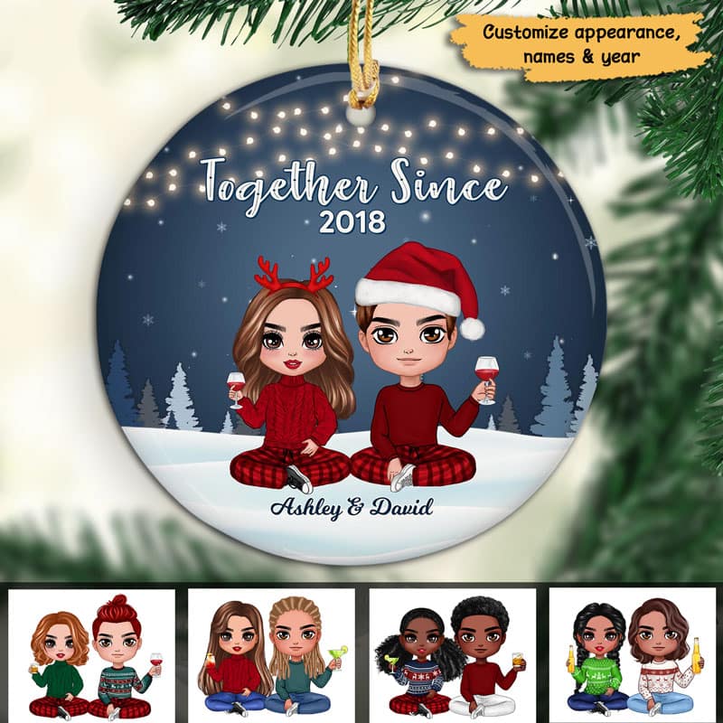 Christmas Night Light Doll Couple Personalized Circle Ornament