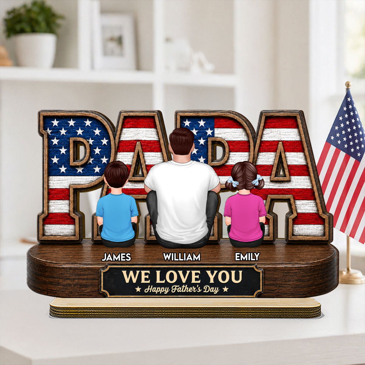 Proud Papa Grandpa Nation Flag Grandpa Dad And Kids - Personalized 2-Layered Wooden Plaque - Father's Day Gift For Dad, Husband