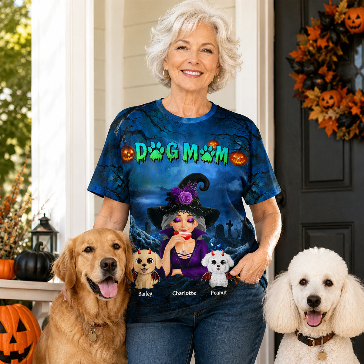 Dog Mom In Halloween Night Blue Theme - Personalized Shirt - Halloween Costume for Dog Lovers