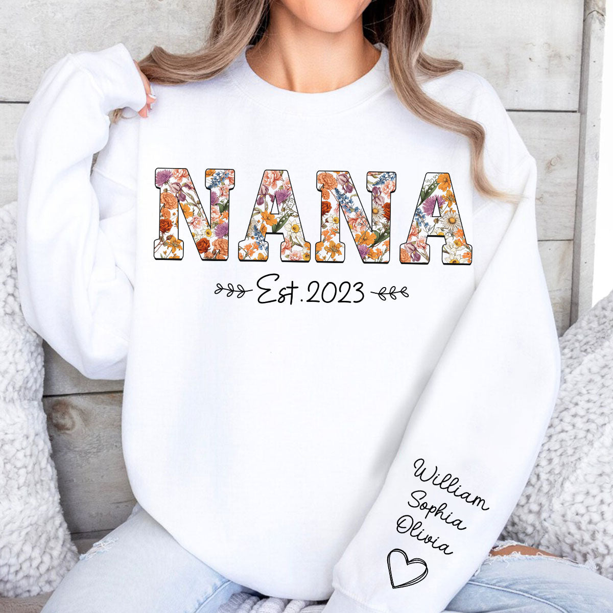Vintage Flowers Grandma Est With Grandkids Names Personalized Sleeve Printed Shirt