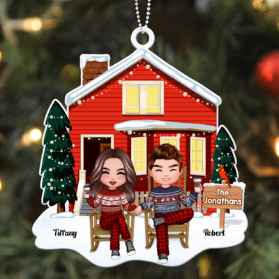 Couple Sitting In Front House Personalized Wooden Ornament
