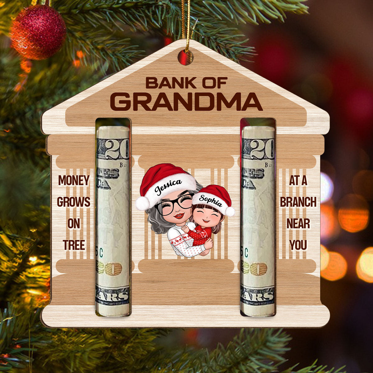 Bank Of Grandma Personalized Wooden Ornament, Christmas Money Holder For Kids