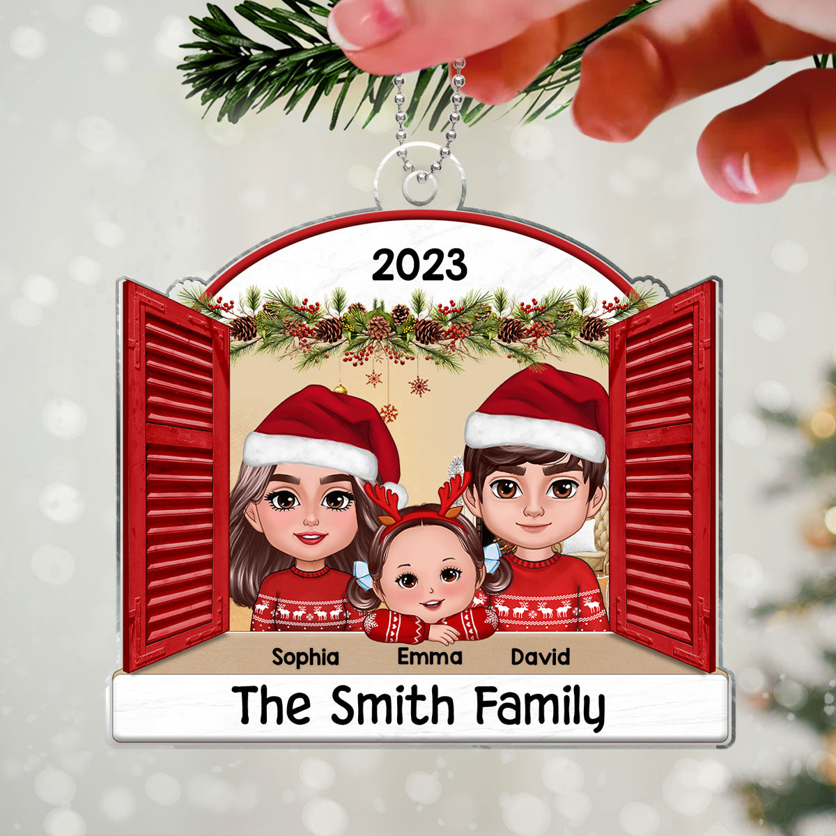 Family Looking Out Window Christmas Keepsake Personalized Acrylic Ornament