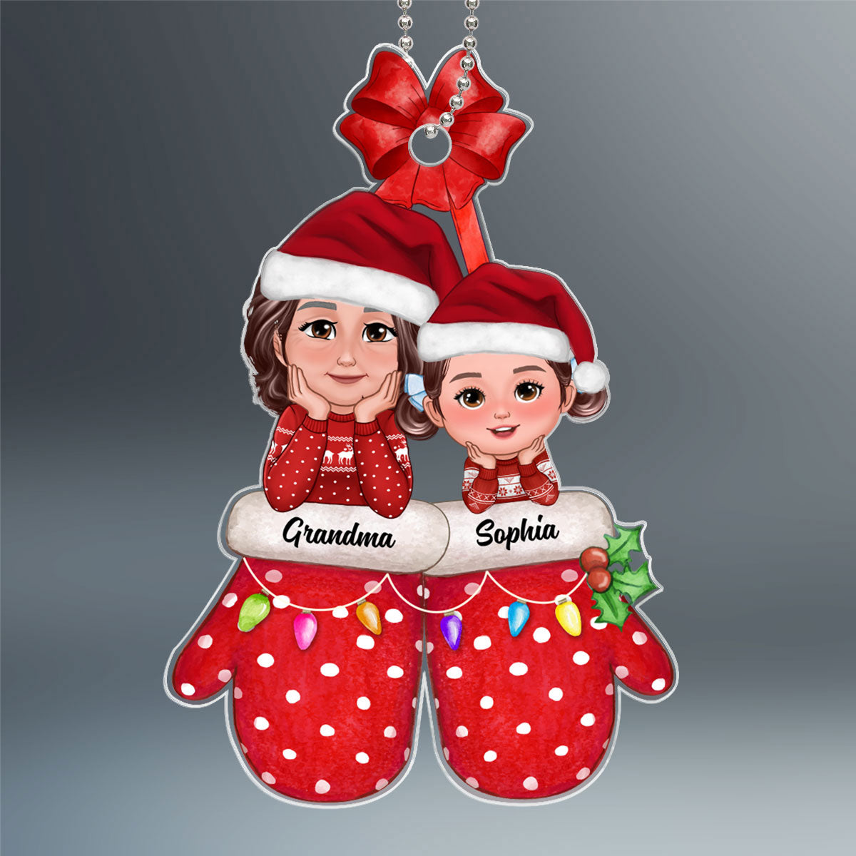 Grandma Grandkid Chin On Hands Christmas Glove Personalized Acrylic Ornament