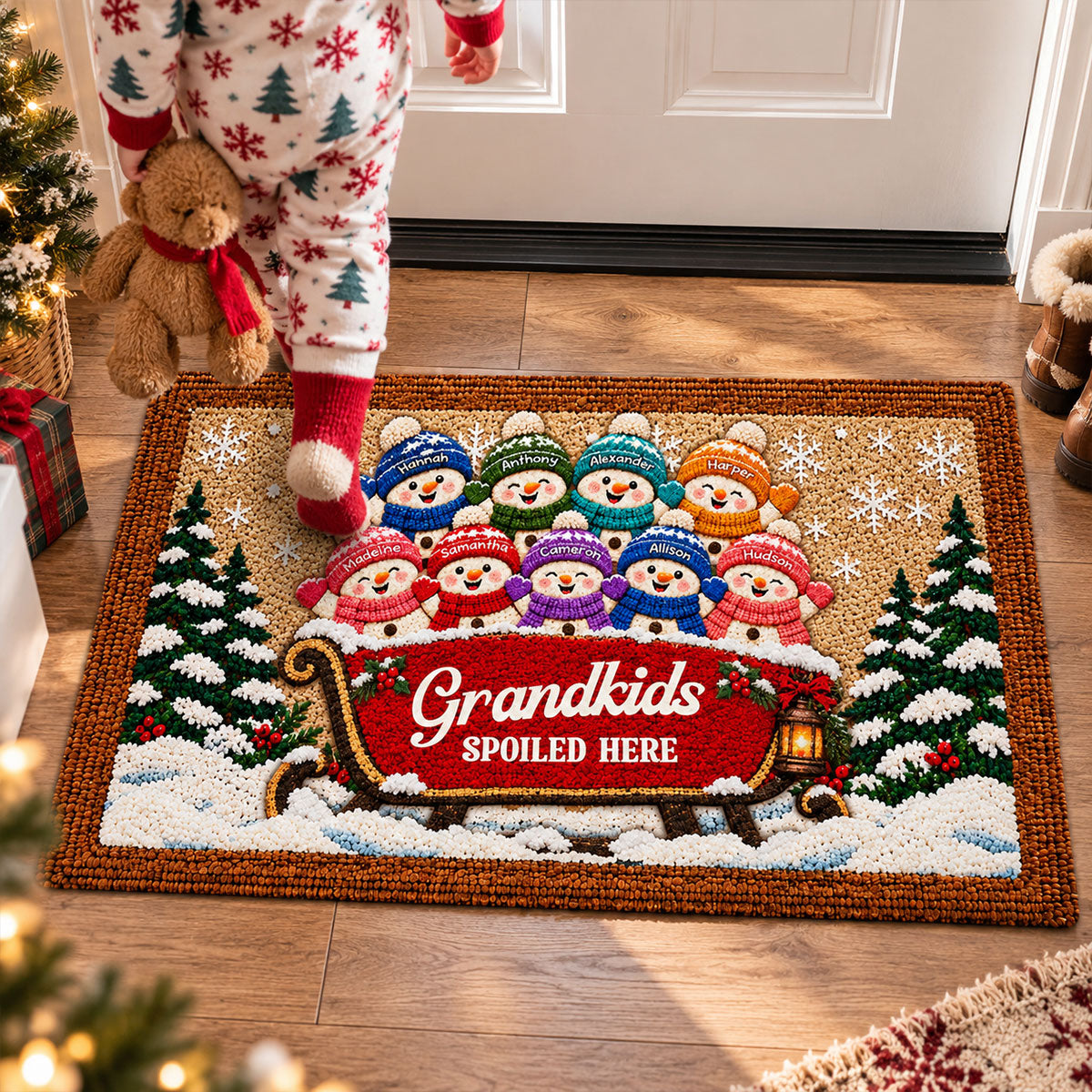 Welcome To Grandparents' Grandkids Snowman On Sleigh - Personalized Door Mat - Christmas Decor For Grandparents, Family