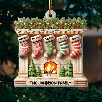 Realistic Family Christmas Stockings On Mantel 3D Effect Personalized Acrylic Ornament